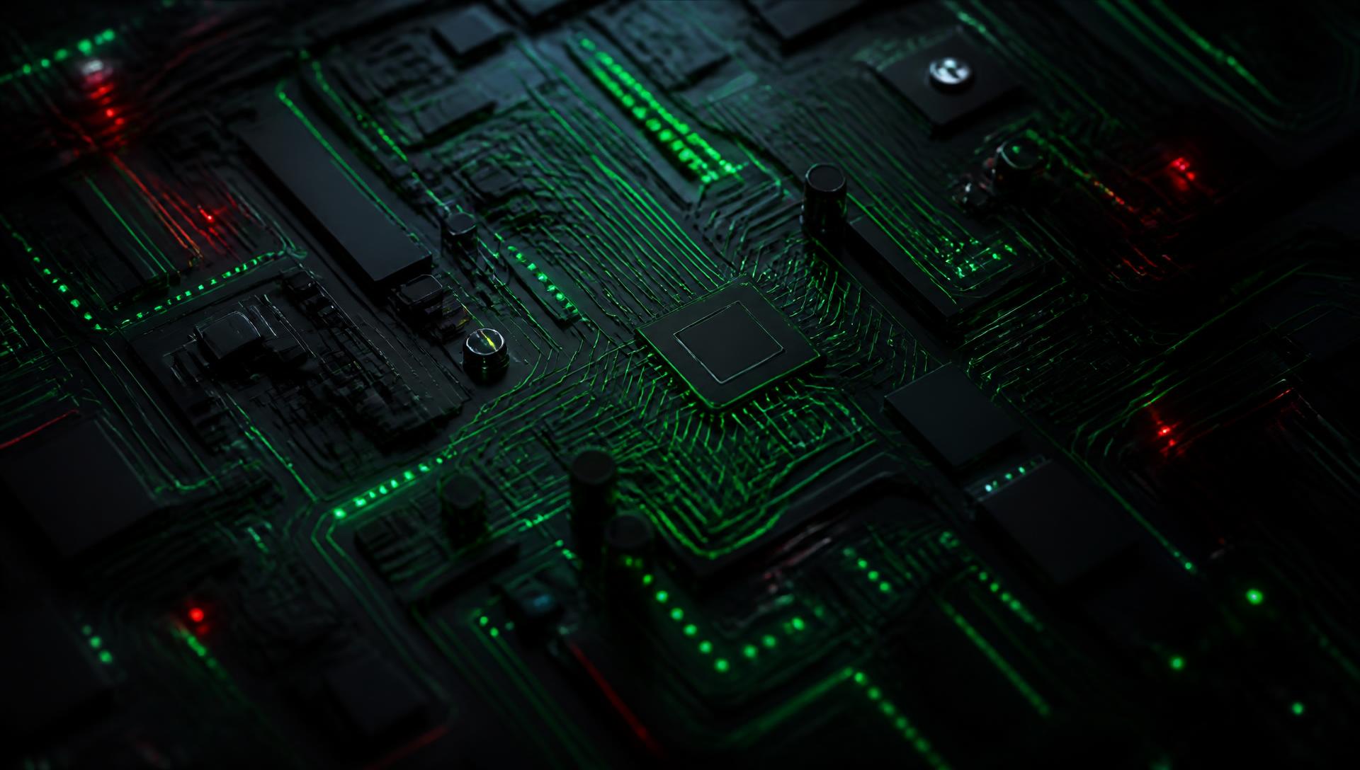 Placa de circuito electrónico con trazos iluminados